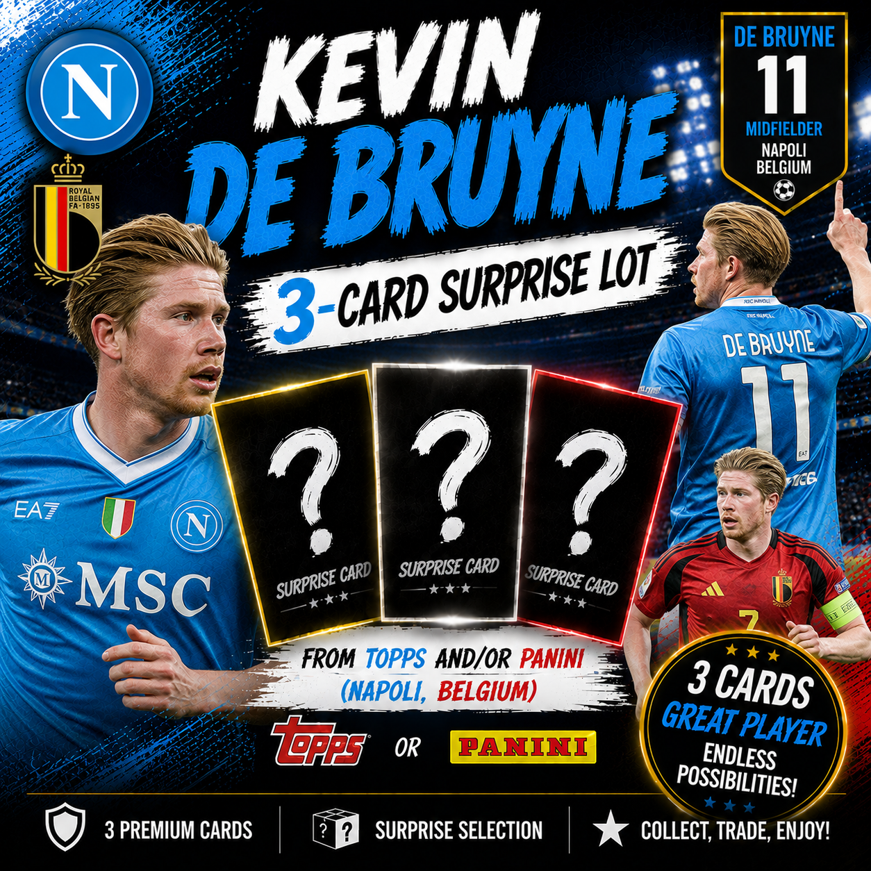 KEVIN DE BRUYNE - 3-Card Soccer Surprise Lot - (Napoli, Belgium)
