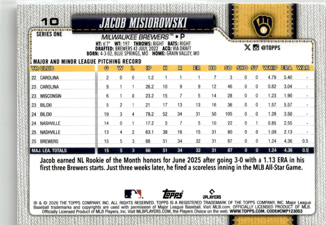 2026 Topps Jacob Misiorowski #10 Milwaukee Brewers