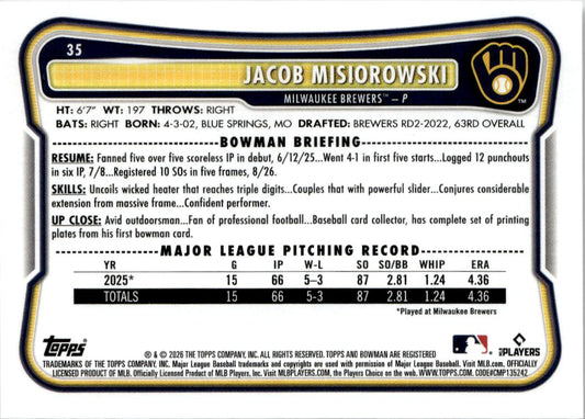 2026 Bowman Jacob Misiorowski #35 Milwaukee Brewers