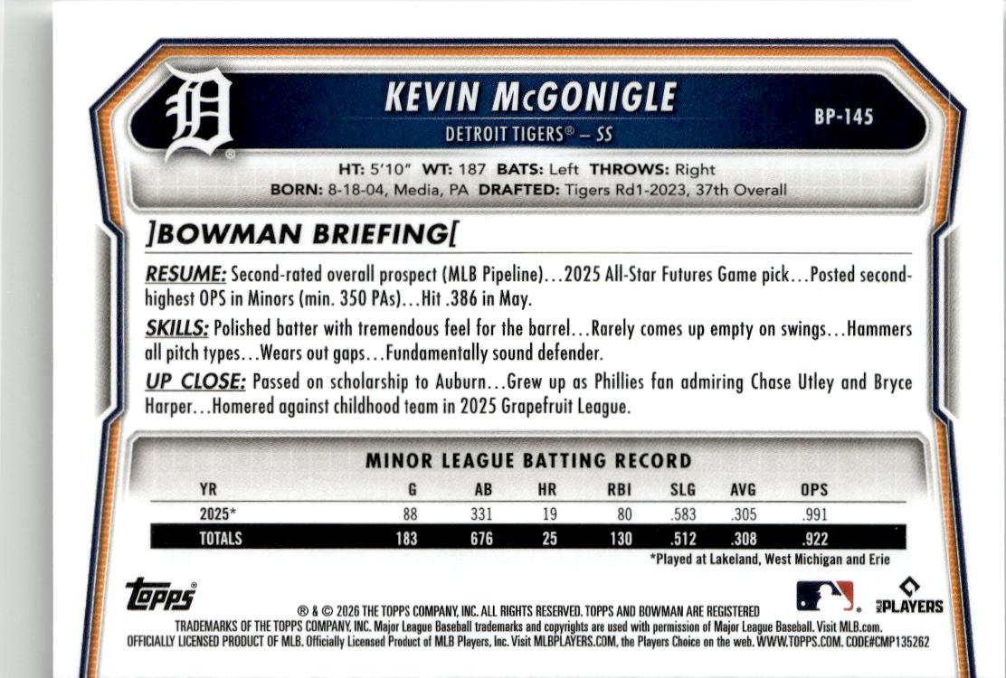 2026 Bowman Kevin McGonigle Prospects #BP-145 Detroit Tigers
