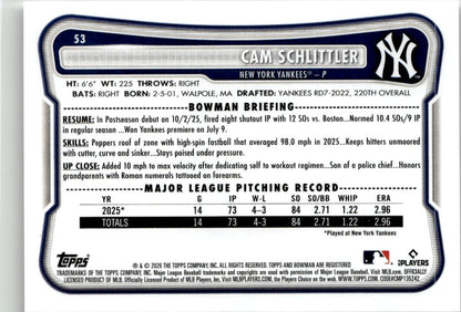2026 Bowman Cam Schlittler #53 New York Yankees