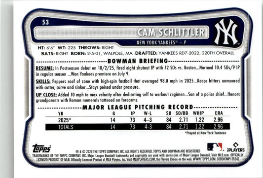 2026 Bowman Cam Schlittler #53 New York Yankees
