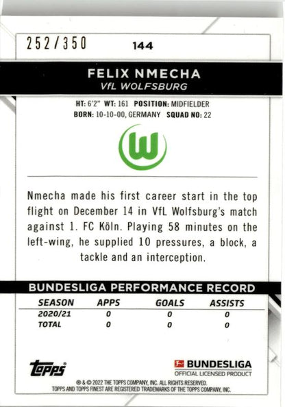 2021-22 Finest Bundesliga Felix Nmecha Yellow Refractor #144 VfL Wolfsburg /350