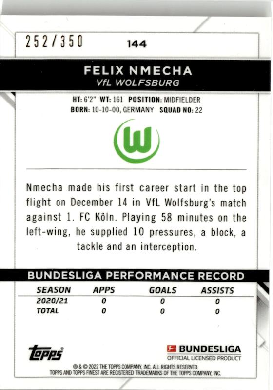 2021-22 Finest Bundesliga Felix Nmecha Yellow Refractor #144 VfL Wolfsburg /350