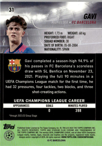 2021-22 Stadium Club Chrome UEFA Champions League Gavi #31 FC Barcelona