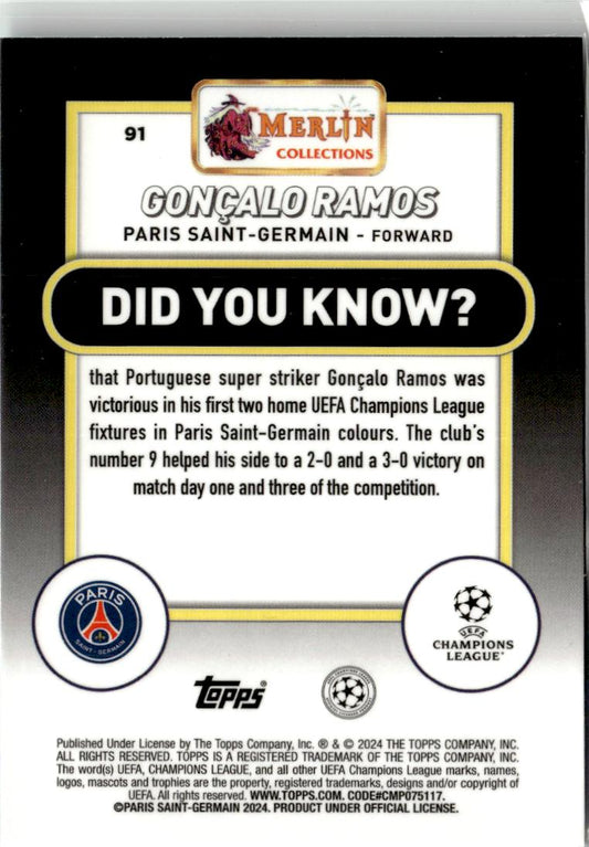 2023-24 Merlin UEFA Gonçalo Ramos Aqua Prism Refractor #91 Paris Saint-Germain