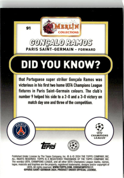2023-24 Merlin UEFA Gonçalo Ramos Aqua Prism Refractor #91 Paris Saint-Germain