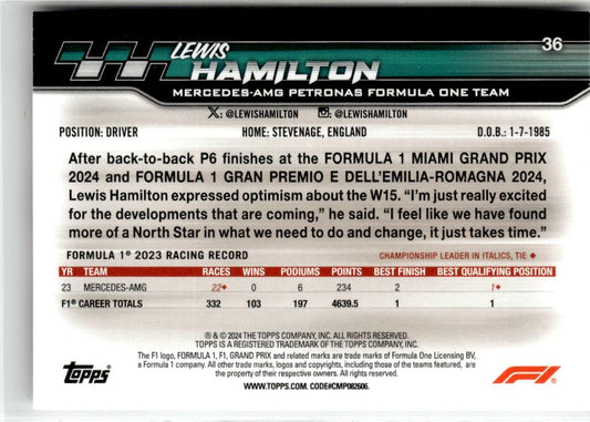 2024 Topps Paddock Pass Formula 1 Lewis Hamilton #36 Mercedes-AMG