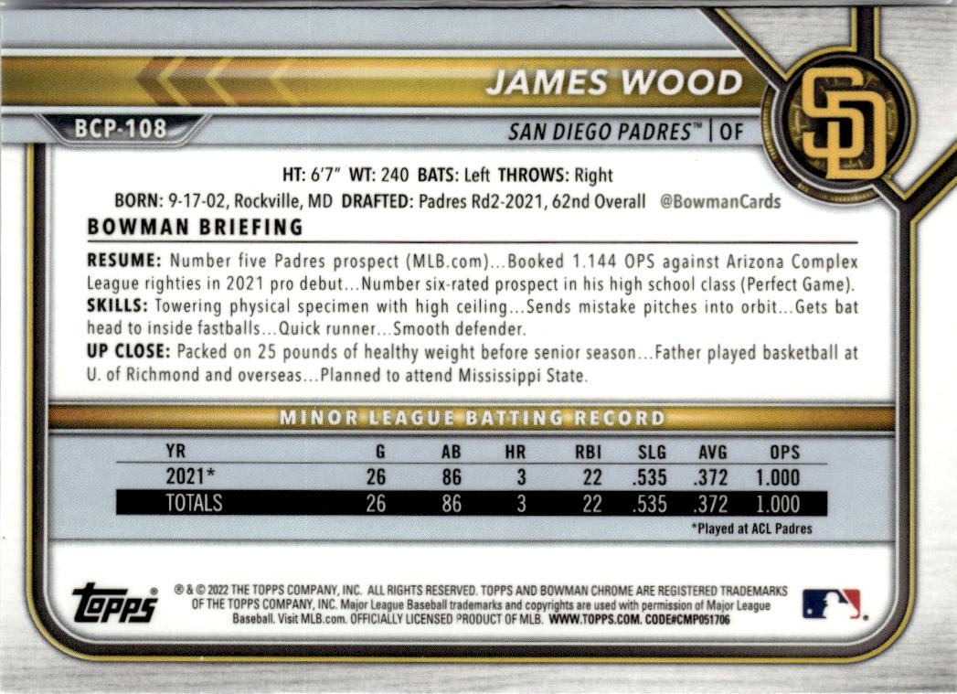2022 Bowman James Wood Chrome Prospects #BCP-108 San Diego Padres