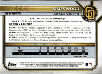 2022 Bowman James Wood Chrome Prospects #BCP-108 San Diego Padres
