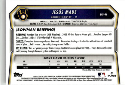 2026 Bowman Jesús Made Chrome Prospects #BCP-96 Milwaukee Brewers