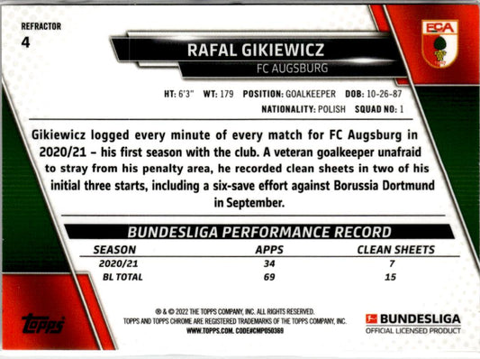 2020-21 Topps Chrome Bundesliga Rafał Gikiewicz Refractor #4 FC Augsburg