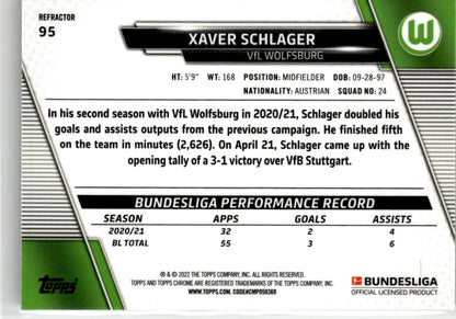 2021-22 Topps Chrome Bundesliga Xaver Schlager Refractors #95 VfL Wolfsburg