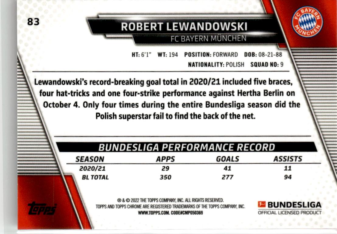 2021-22 Topps Chrome Bundesliga Robert Lewandowski #83 FC Bayern Munchen
