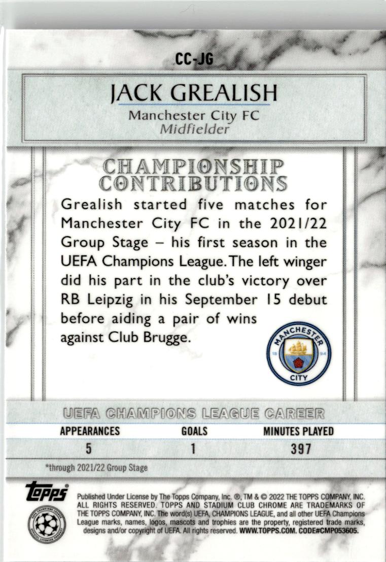 2021-22 Stadium Club Chrome UEFA #CC-JG Jack Grealish Championship Contributions