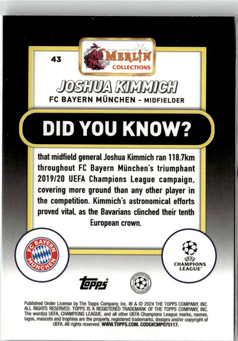 2023-24 Merlin UEFA Club Competitions #43 Joshua Kimmich Aqua Prism Refractor