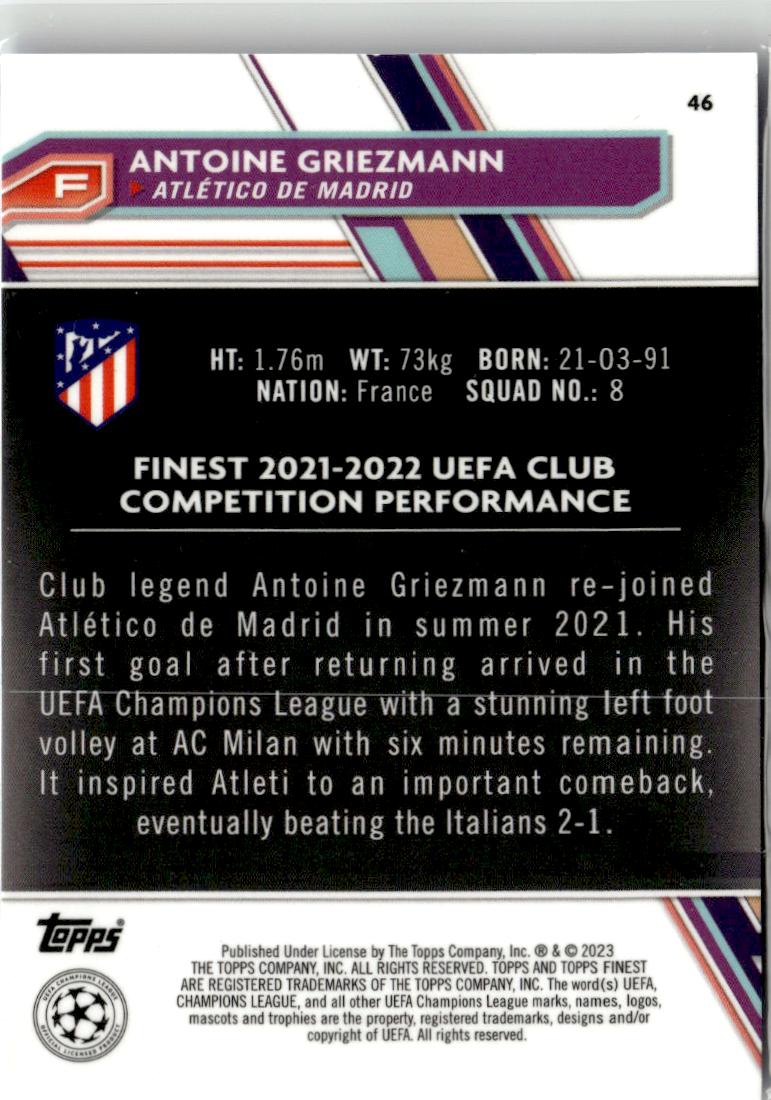 2022-23 Finest UEFA Club #46 Antoine Griezmann Sky Blue Refractor #/275