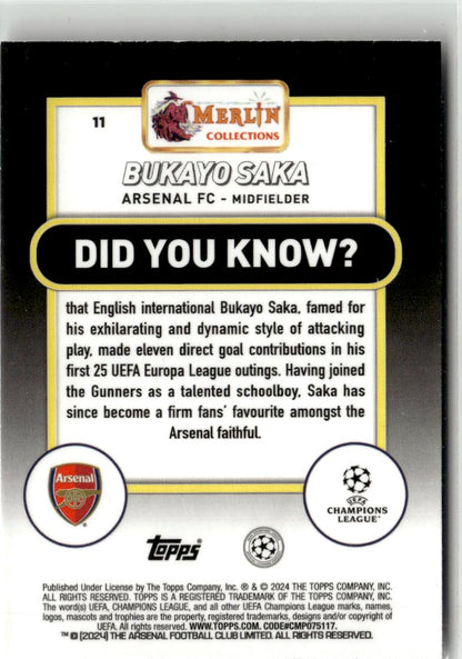 2023-24 Merlin UEFA Club Competitions Bukayo Saka #11 Arsenal FC