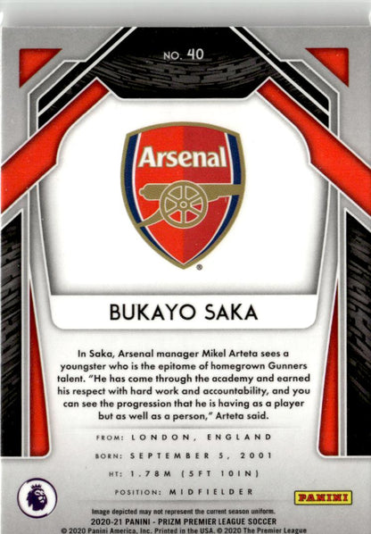 2020-21 Panini Prizm Premier League Bukayo Saka #40 Arsenal FC