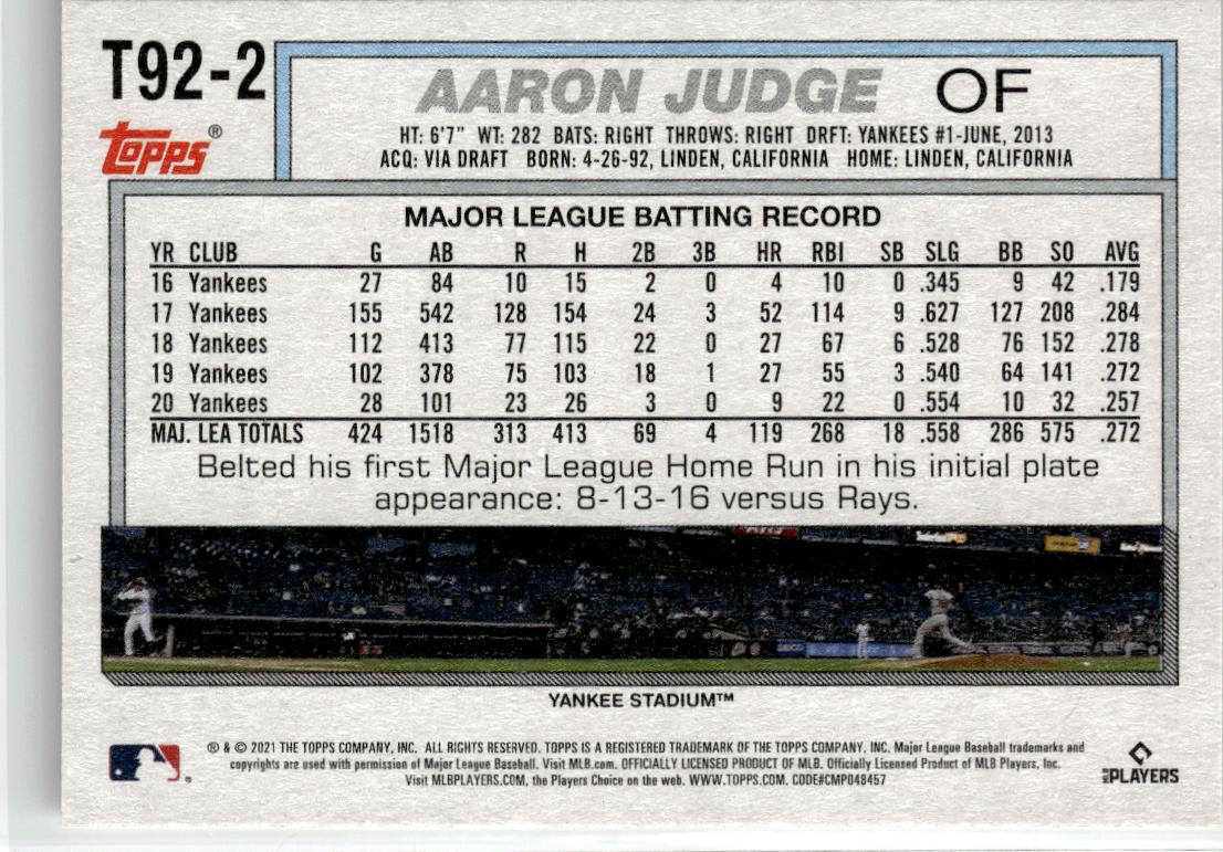 2021 Topps Update Aaron Judge 1992 Topps Redux #T92-2 New York Yankees