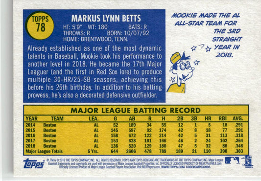 2019 Topps Heritage Mookie Betts #78 Boston Red Sox