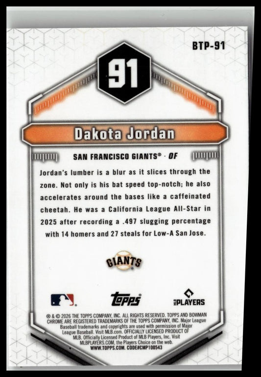 2026 Bowman #BTP-91 Dakota Jordan Bowman Scouts' Top 100