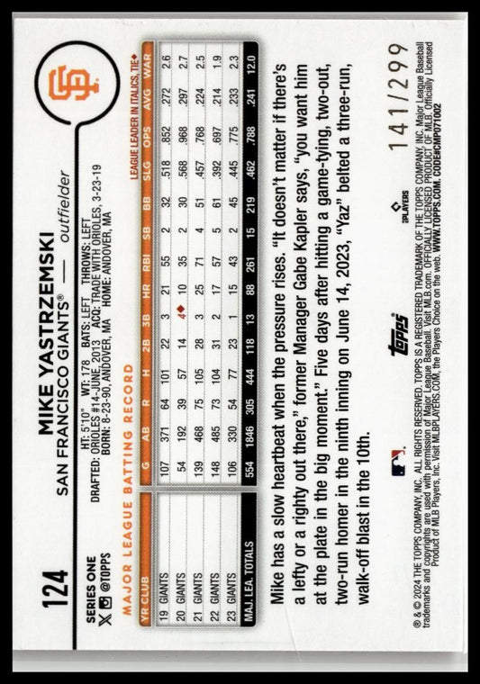 2024 Topps #124 Mike Yastrzemski Orange Crackle Foil #/299