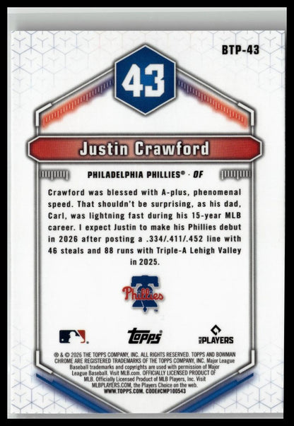 2026 Bowman #BTP-43 Justin Crawford Bowman Scouts' Top 100