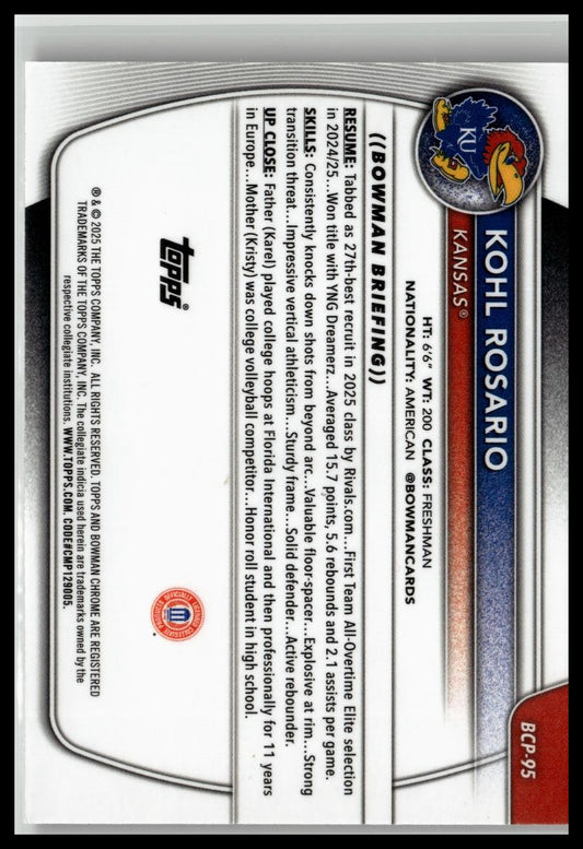 2025-26 Bowman #BCP-95 Kohl Rosario Chrome Prospects Reptilian Refractor