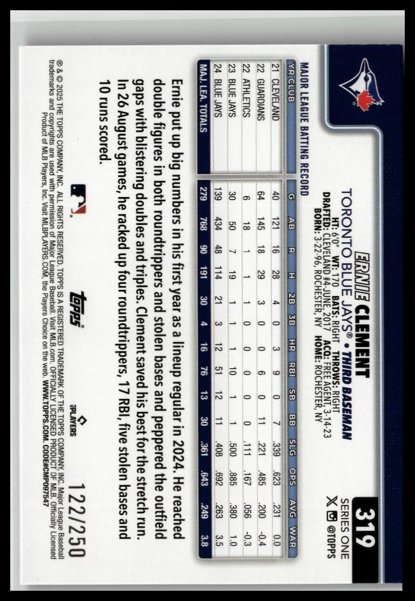 2025 Topps #319 Ernie Clement Purple Holo Foil #/250