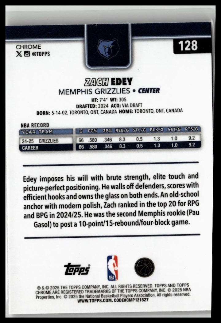 2025-26 Topps Chrome #128 Zach Edey Basketball Refractor