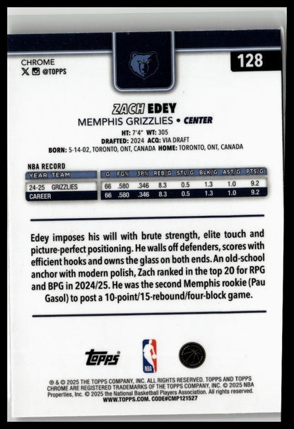 2025-26 Topps Chrome #128 Zach Edey Basketball Refractor