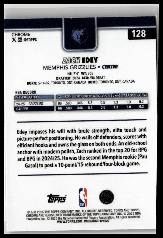 2025-26 Topps Chrome #128 Zach Edey Basketball Refractor