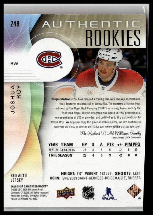 2024-25 SP Game Used #248 Joshua Roy Red Auto Jerseys #/99