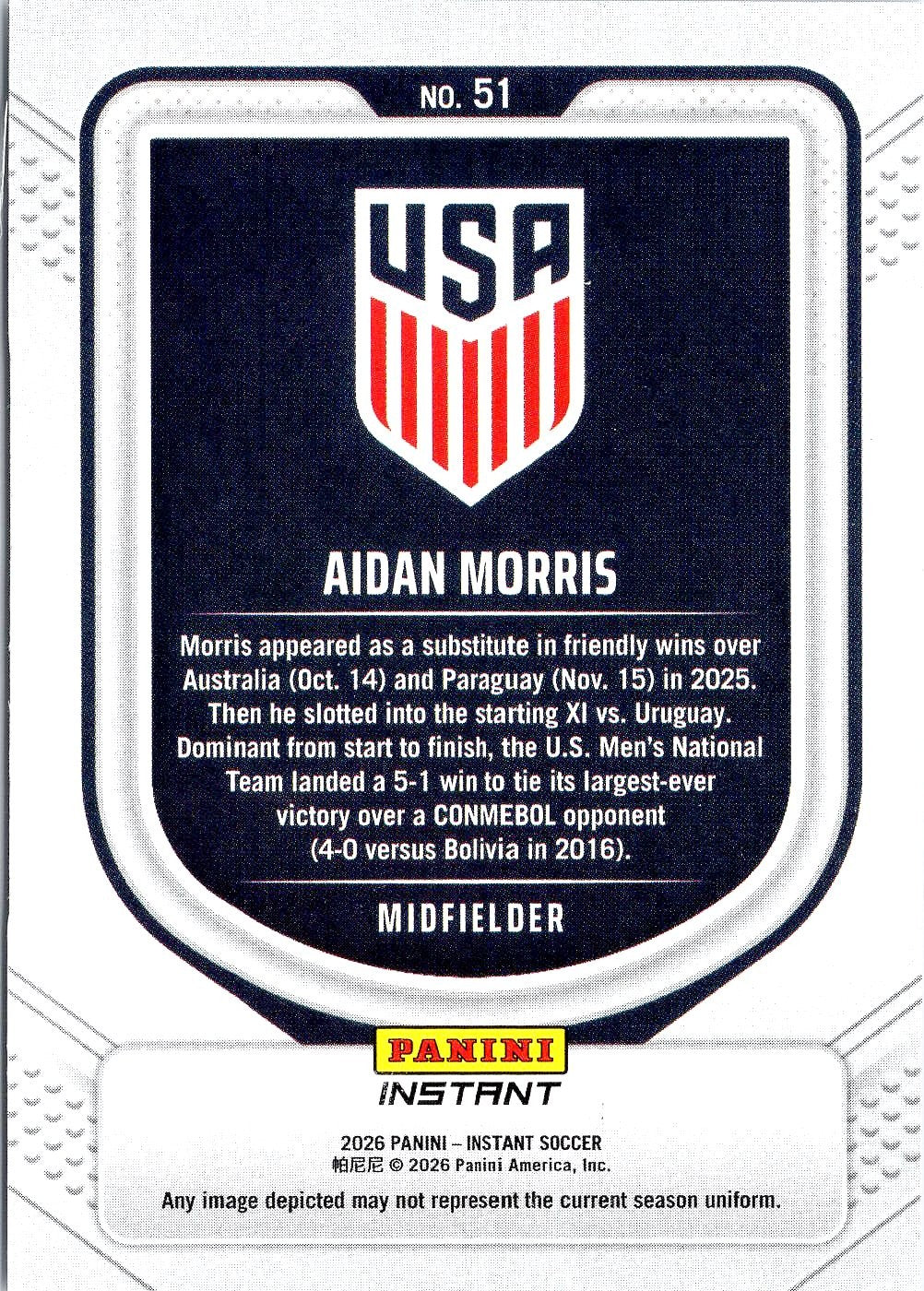 2026 Panini Instant USA Soccer #51 Aidan Morris Red, White & Blue