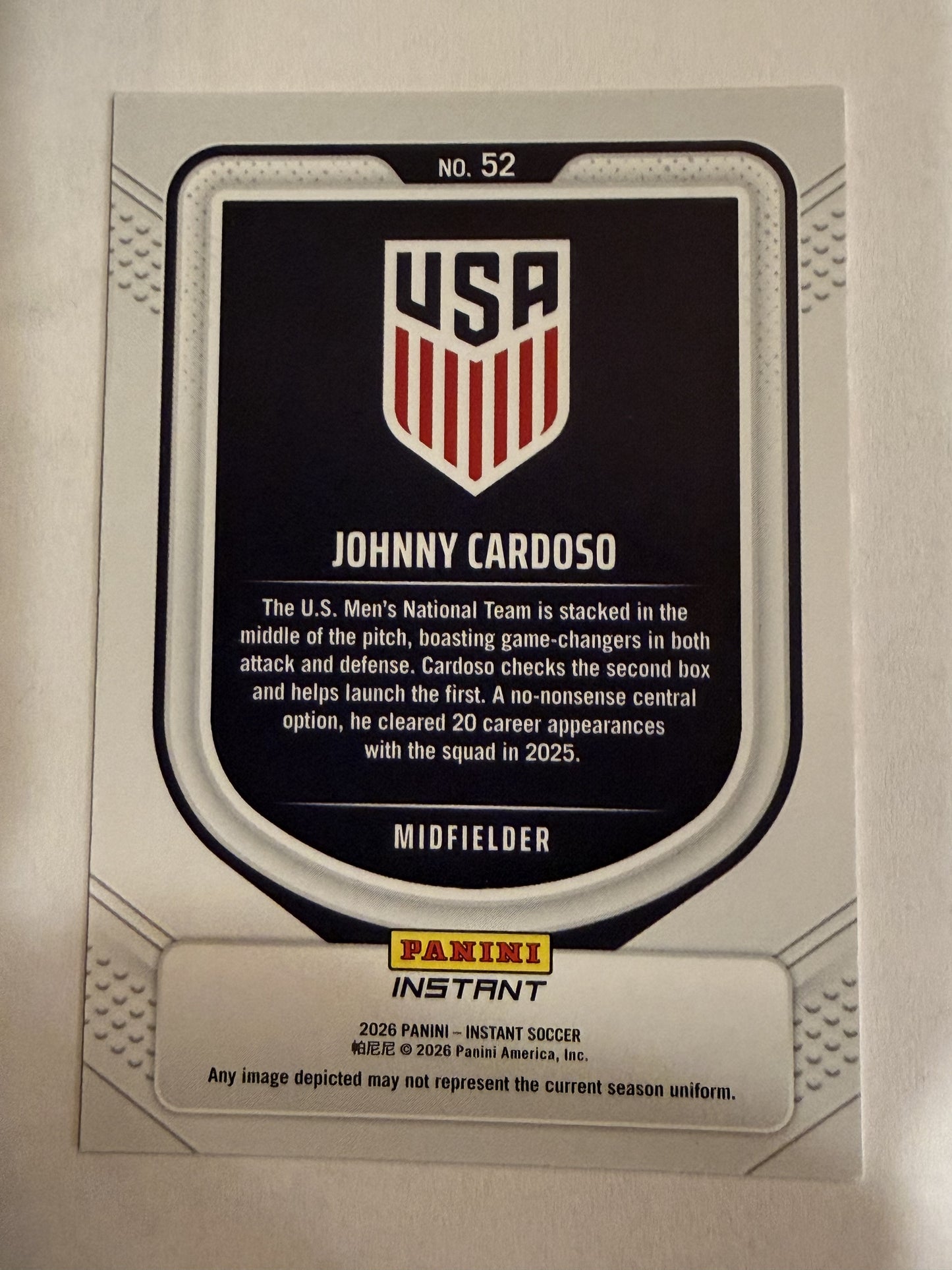 2026 Panini Instant USA Soccer #52 Johnny Cardoso Red, White & Blue
