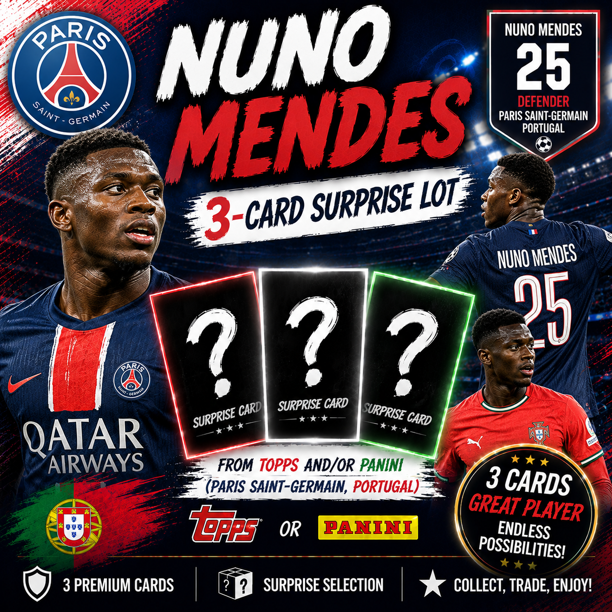 NUNO MENDES - 3-Card Surprise Lot from Topps and/or Panini - (Paris Saint-German, Portugal)