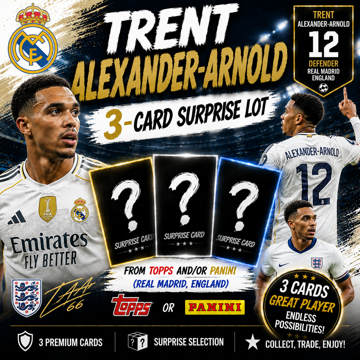 TRENT ALEXANDER ARNOLD - 3-Card Surprise Lot from Topps and/or Panini - (Real Madrid, USA)