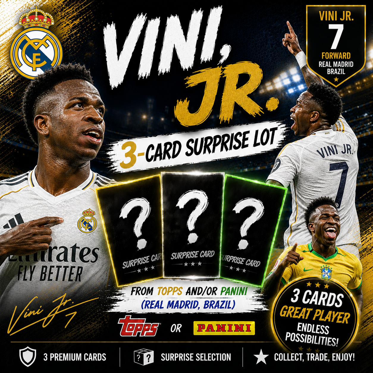 VINI, Jr. - 3-Card Surprise Lot from Topps and/or Panini - (Real Madrid, Brazil)